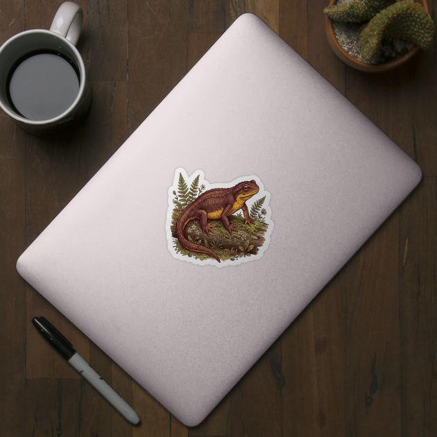 California Newt on Mossy Log Natural History Art by BirdsnStuff